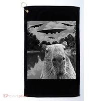Funny Graphic Capybara Selfie With Ufos Weird Golf Towel thumb 0