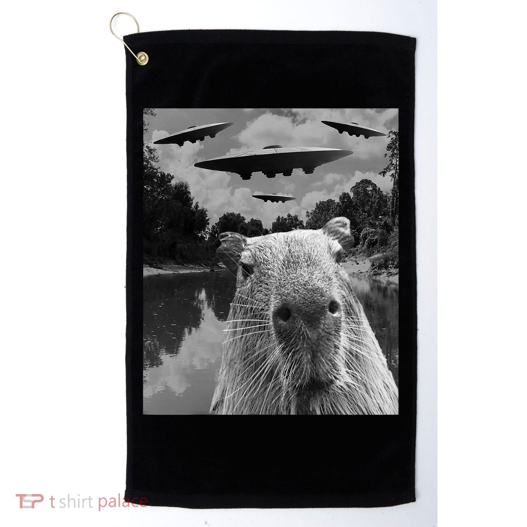 Funny Graphic Capybara Selfie With Ufos Weird Golf Towel