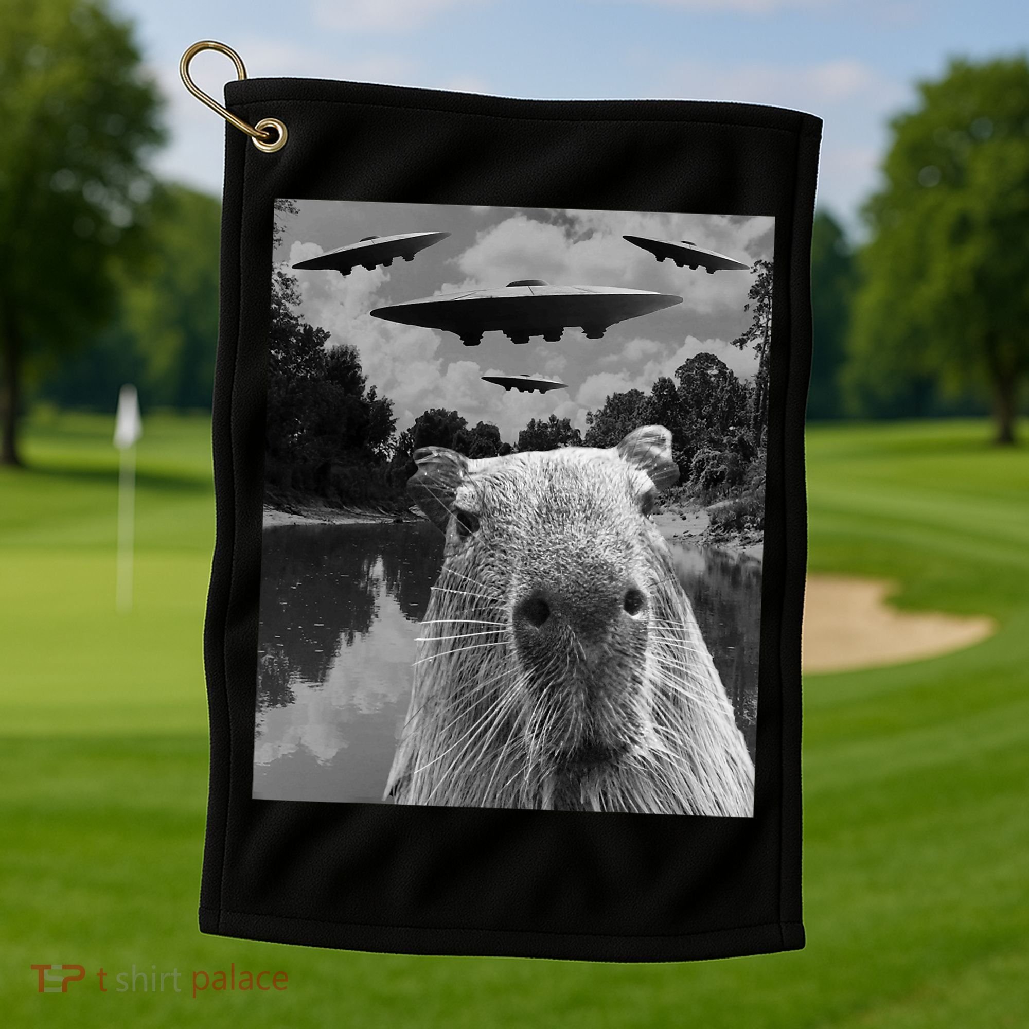 Funny Graphic Capybara Selfie With Ufos Weird Golf Towel