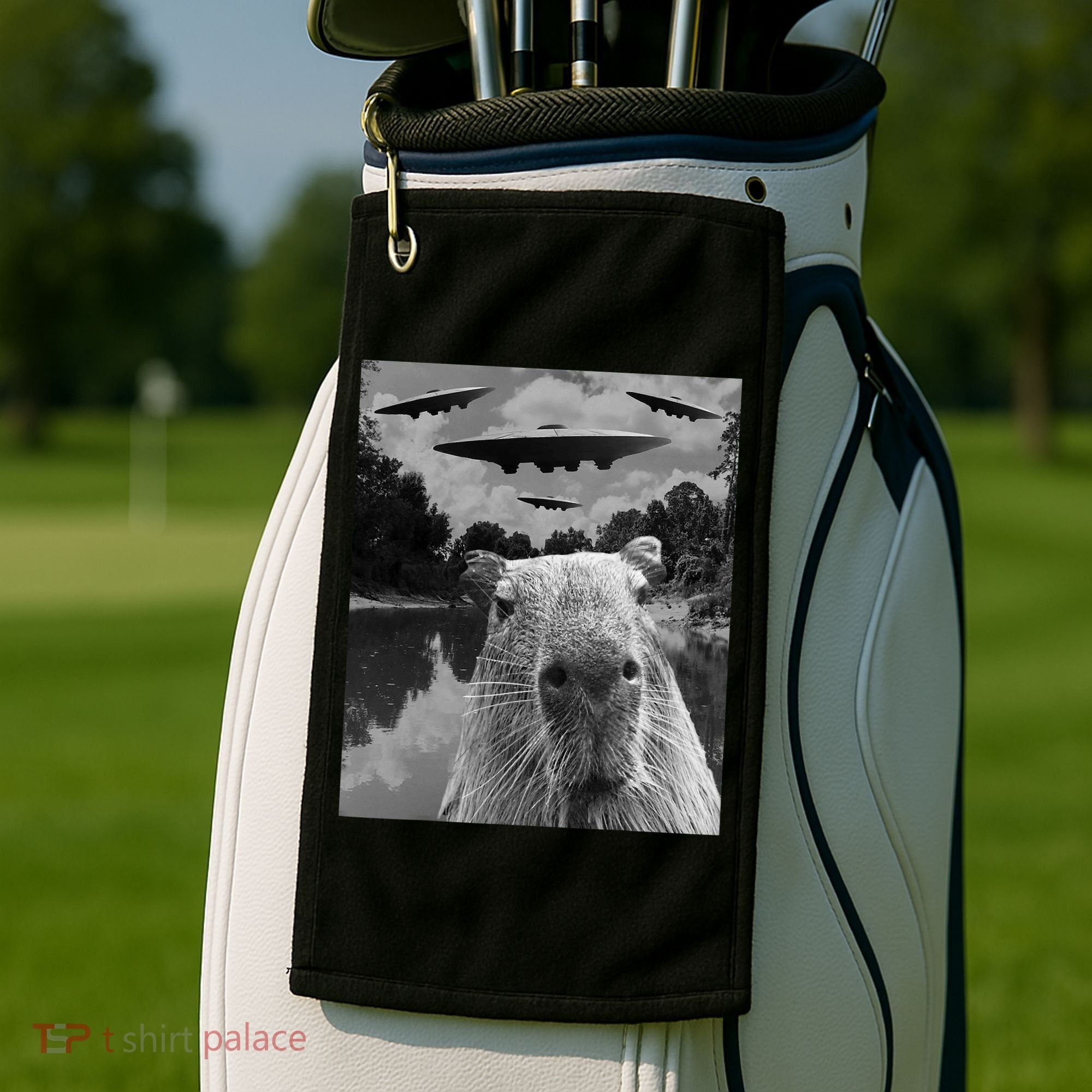 Funny Graphic Capybara Selfie With Ufos Weird Golf Towel