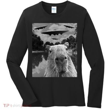 Funny Graphic Capybara Selfie With Ufos Weird Women's Long Sleeve Shirt