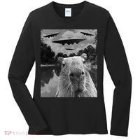 Funny Graphic Capybara Selfie With Ufos Weird Women's Long Sleeve Shirt thumb 0