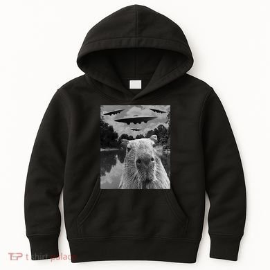 Funny Graphic Capybara Selfie With Ufos Weird Kids Hoodie