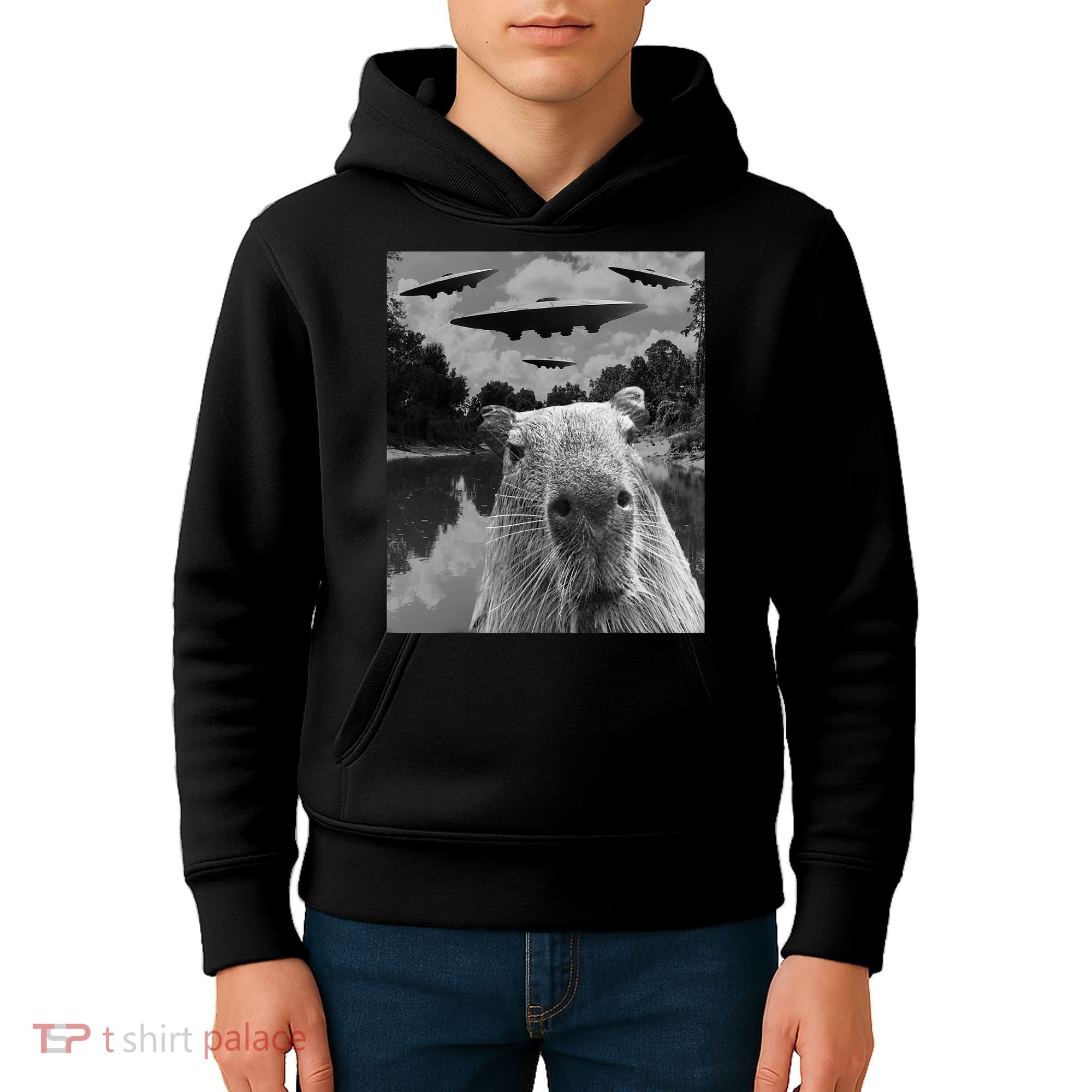 Funny Graphic Capybara Selfie With Ufos Weird Kids Hoodie