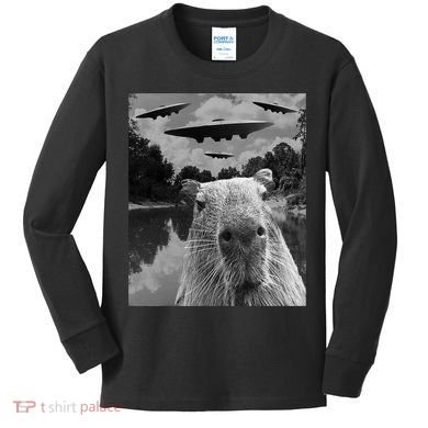Funny Graphic Capybara Selfie With Ufos Weird Kids Long Sleeve Shirt