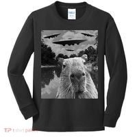 Funny Graphic Capybara Selfie With Ufos Weird Kids Long Sleeve Shirt thumb 0