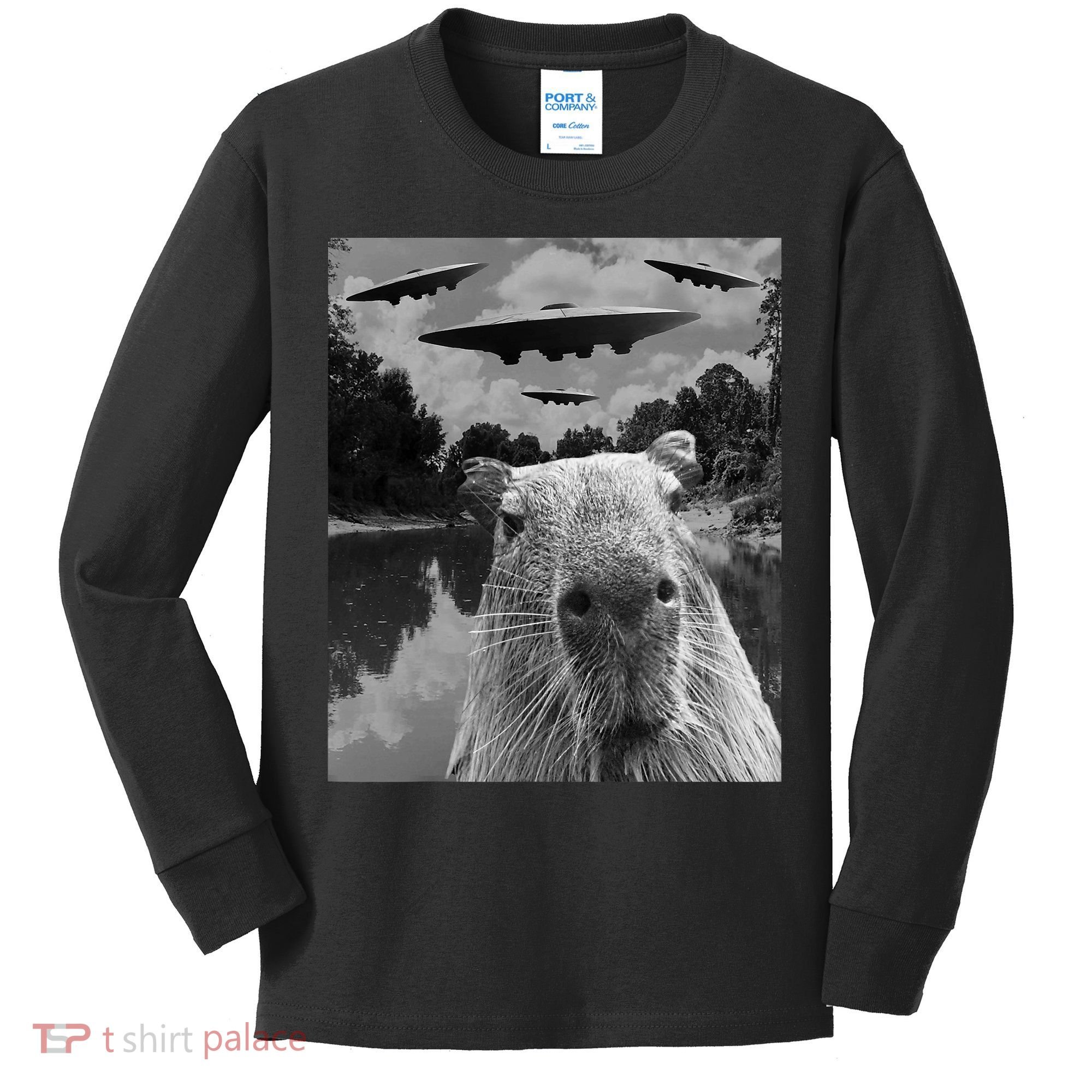 Funny Graphic Capybara Selfie With Ufos Weird Kids Long Sleeve Shirt