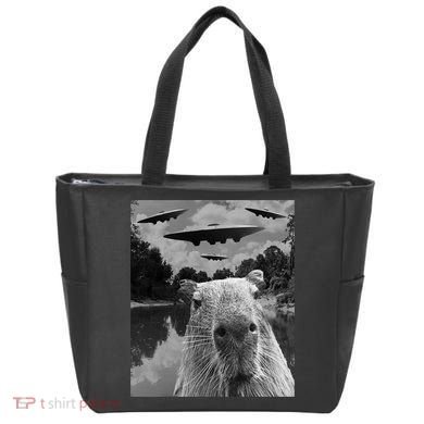 Funny Graphic Capybara Selfie With Ufos Weird Tote Bag