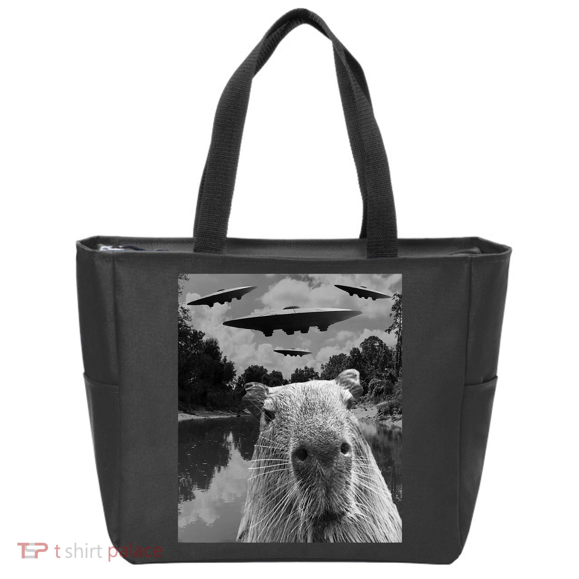 Funny Graphic Capybara Selfie With Ufos Weird Tote Bag