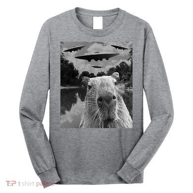 Funny Graphic Capybara Selfie With Ufos Weird Long Sleeve Shirt