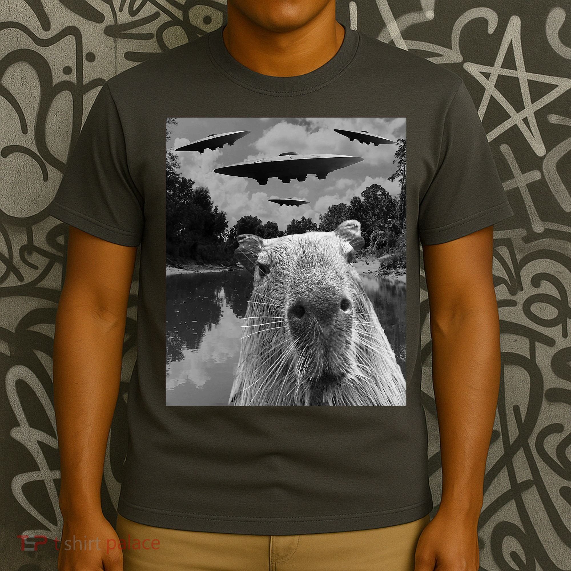 Funny Graphic Capybara Selfie With Ufos Weird T-Shirt