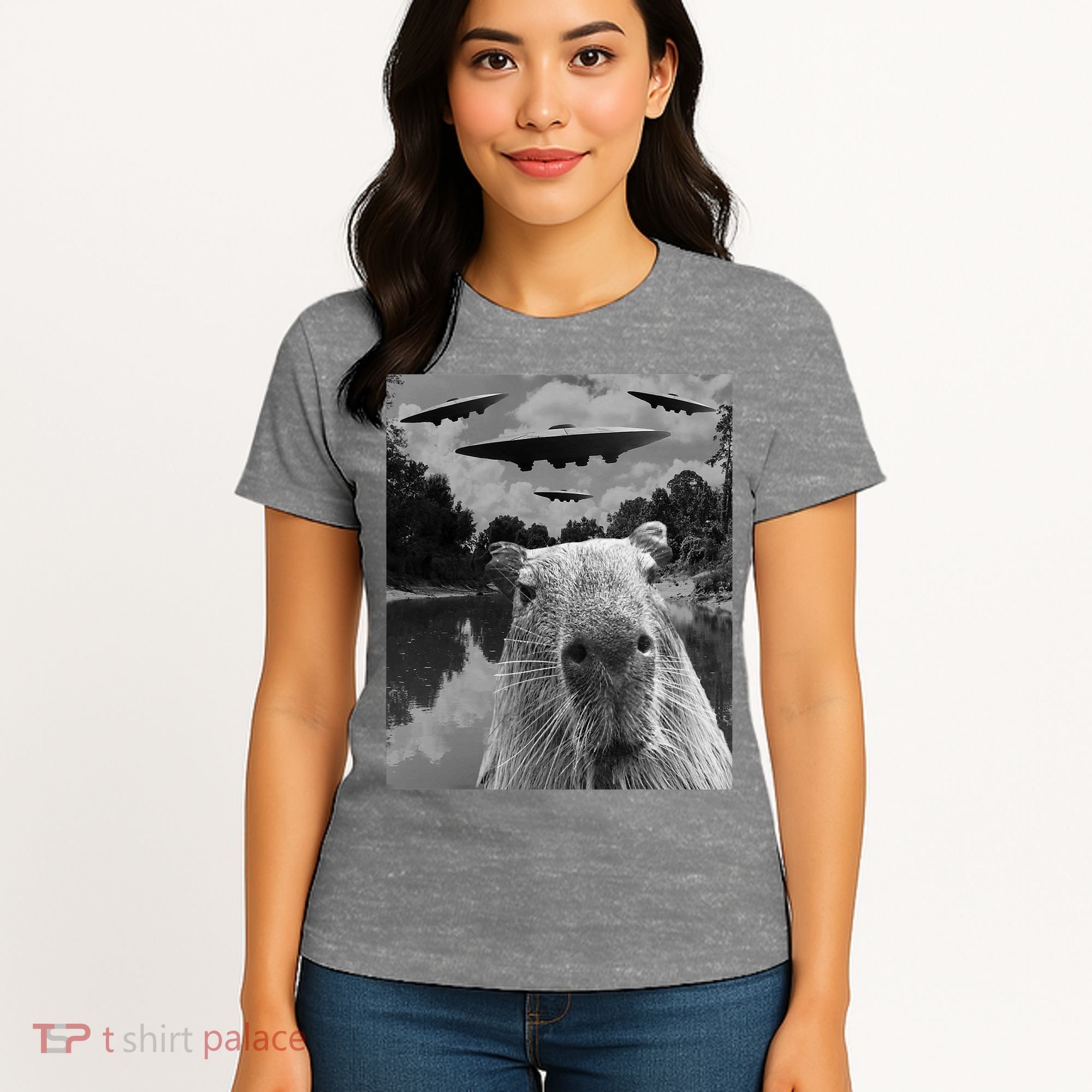 Funny Graphic Capybara Selfie With Ufos Weird Women's T-Shirt