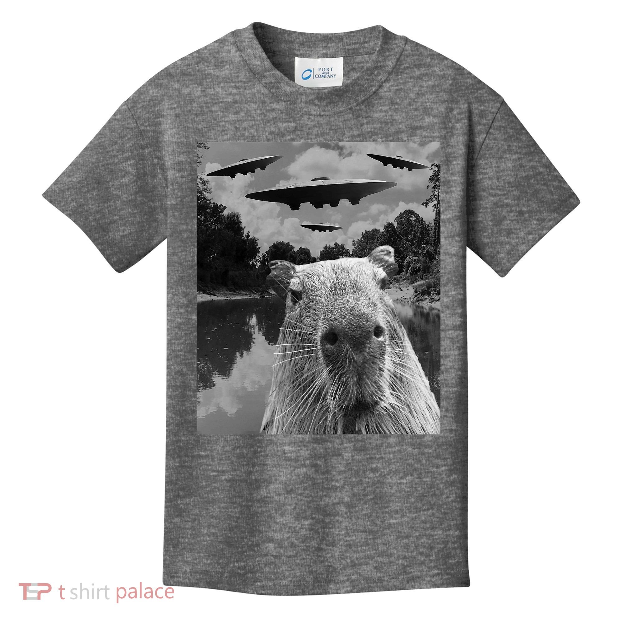 Funny Graphic Capybara Selfie With Ufos Weird Kids T-Shirt