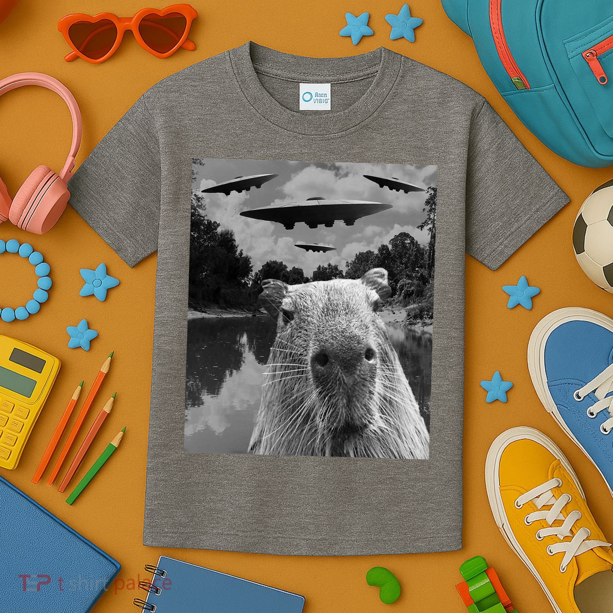 Funny Graphic Capybara Selfie With Ufos Weird Kids T-Shirt
