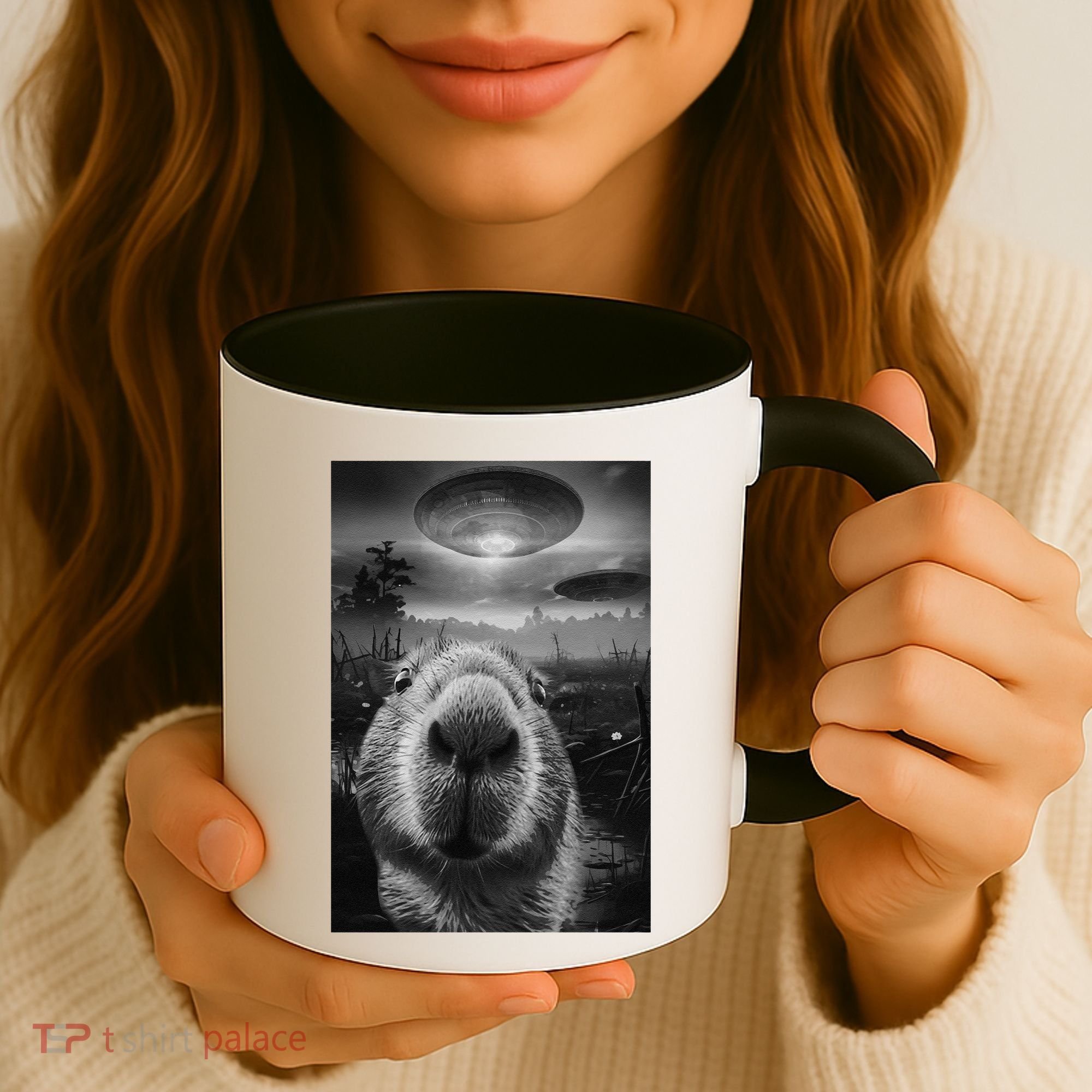 Funny Graphic Capybara Selfie With Ufos Weird Coffee Mug