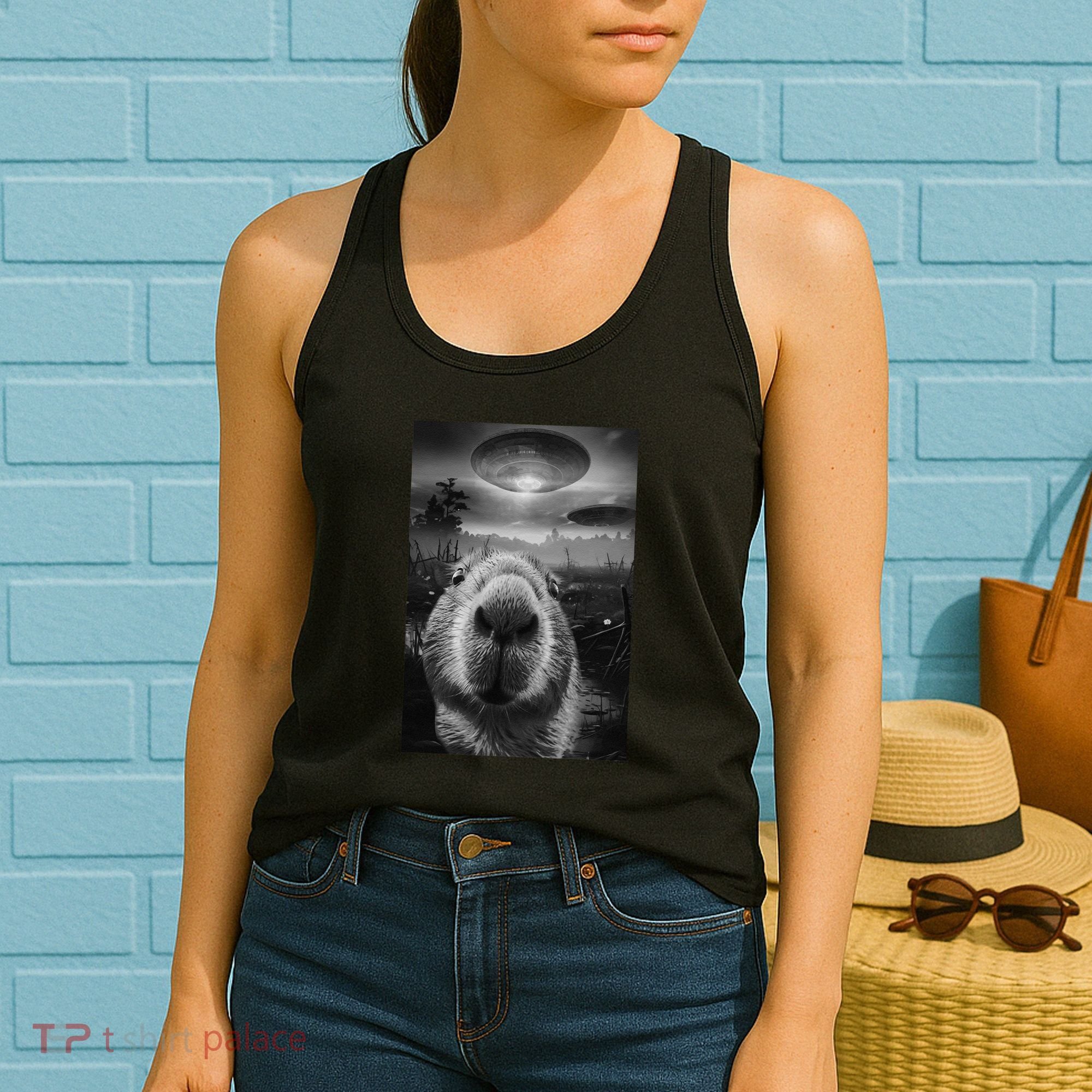 Funny Graphic Capybara Selfie With Ufos Weird Women's Tank Top
