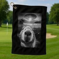 Funny Graphic Capybara Selfie With Ufos Weird Golf Towel thumb 1