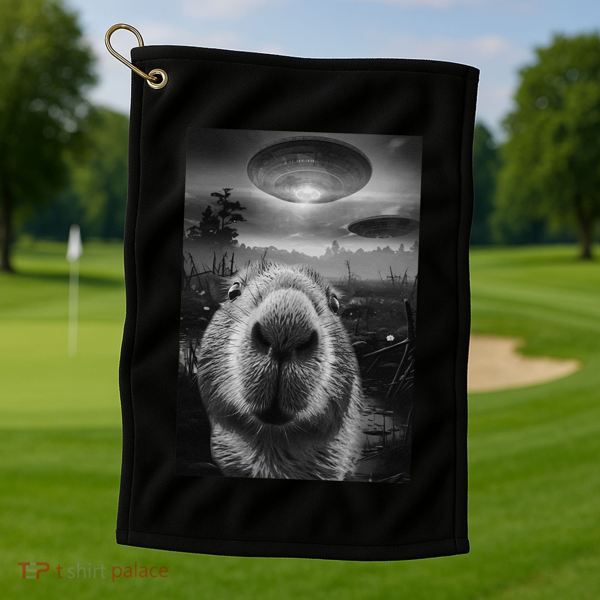Funny Graphic Capybara Selfie With Ufos Weird Golf Towel