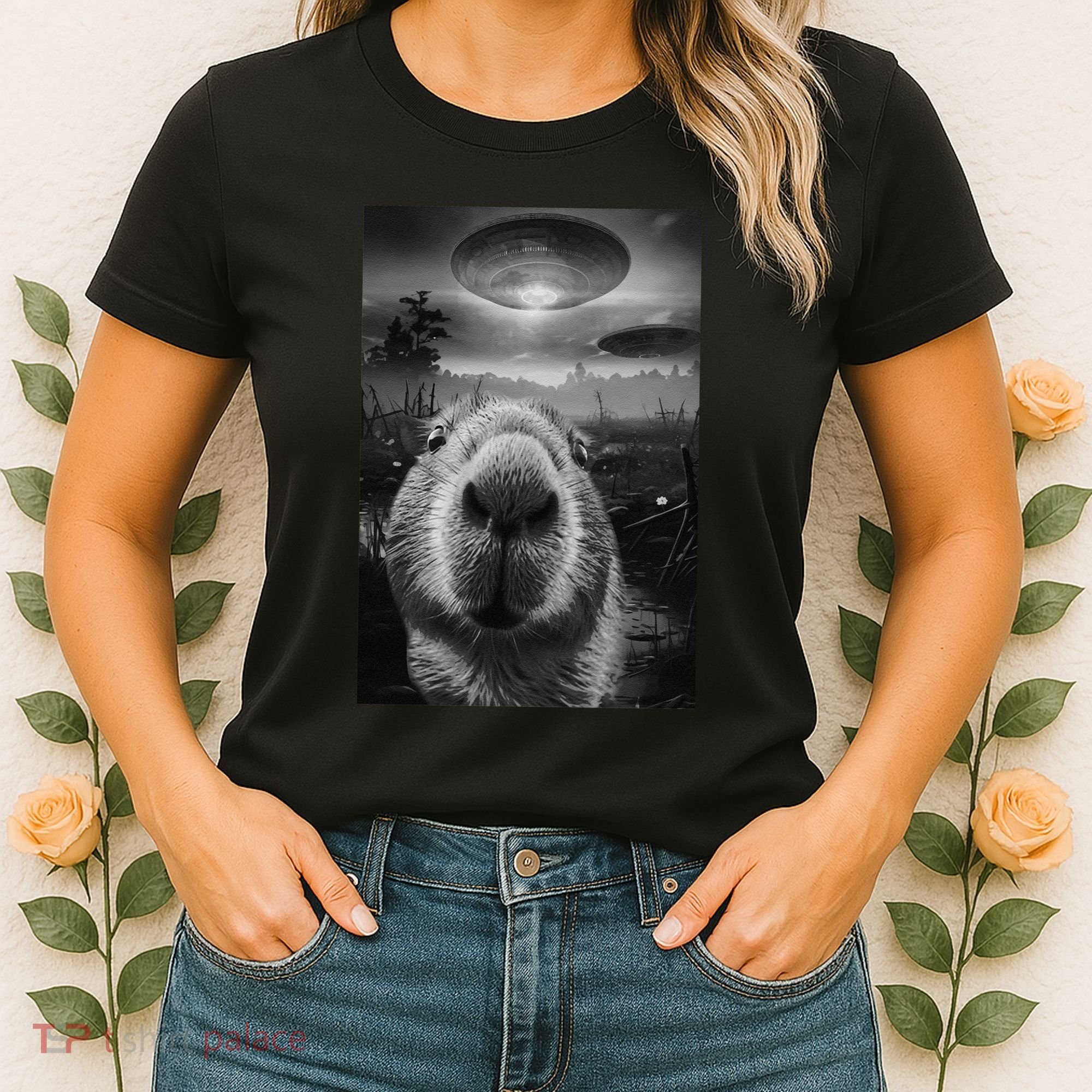 Funny Graphic Capybara Selfie With Ufos Weird Women's T-Shirt