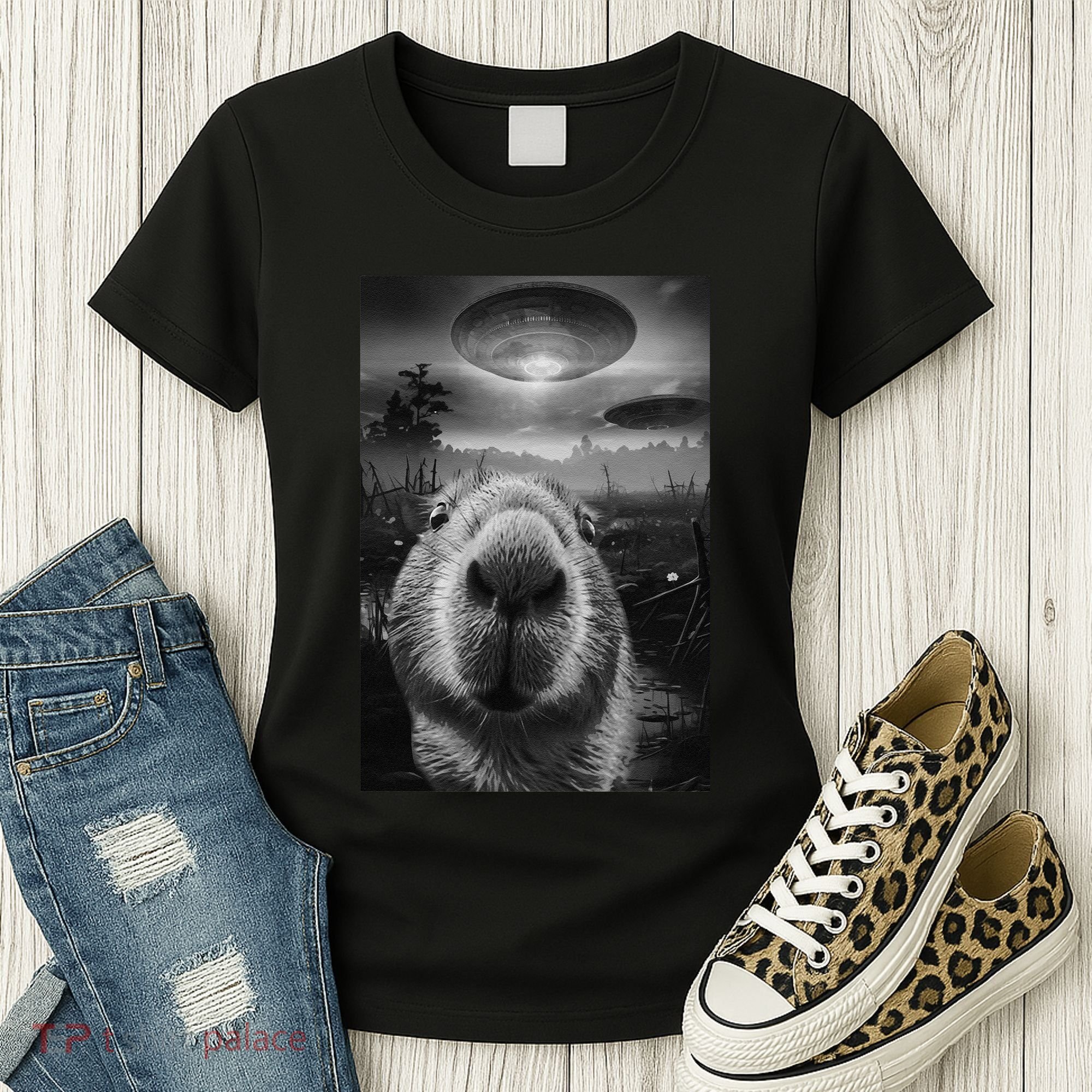 Funny Graphic Capybara Selfie With Ufos Weird Women's T-Shirt