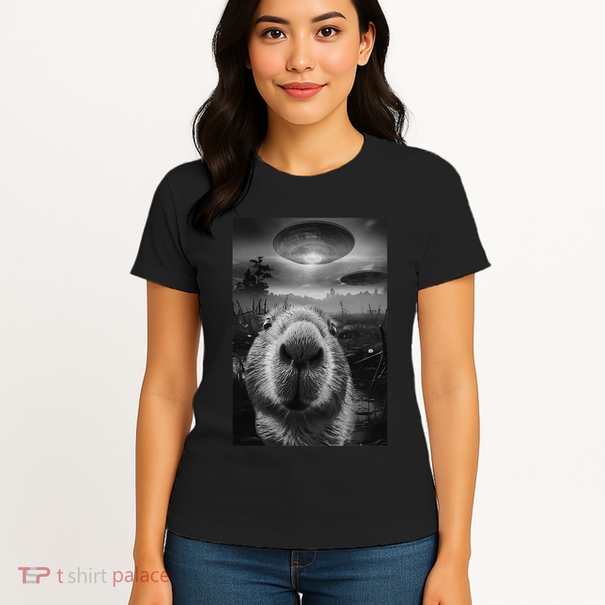 Funny Graphic Capybara Selfie With Ufos Weird Women's T-Shirt