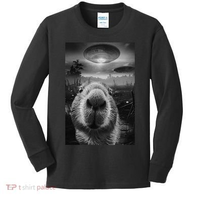 Funny Graphic Capybara Selfie With Ufos Weird Kids Long Sleeve Shirt