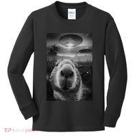 Funny Graphic Capybara Selfie With Ufos Weird Kids Long Sleeve Shirt thumb 0