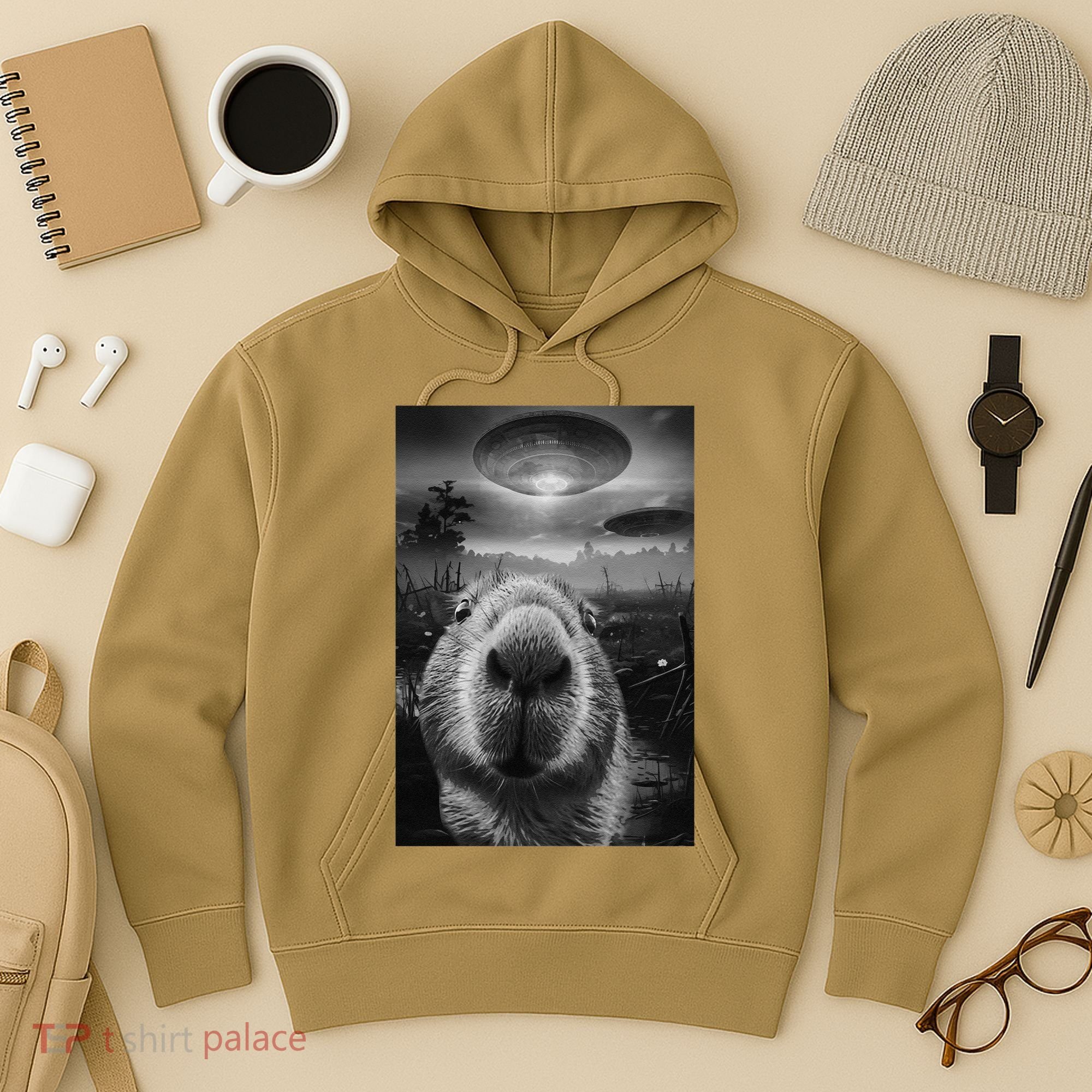 Funny Graphic Capybara Selfie With Ufos Weird Hoodie