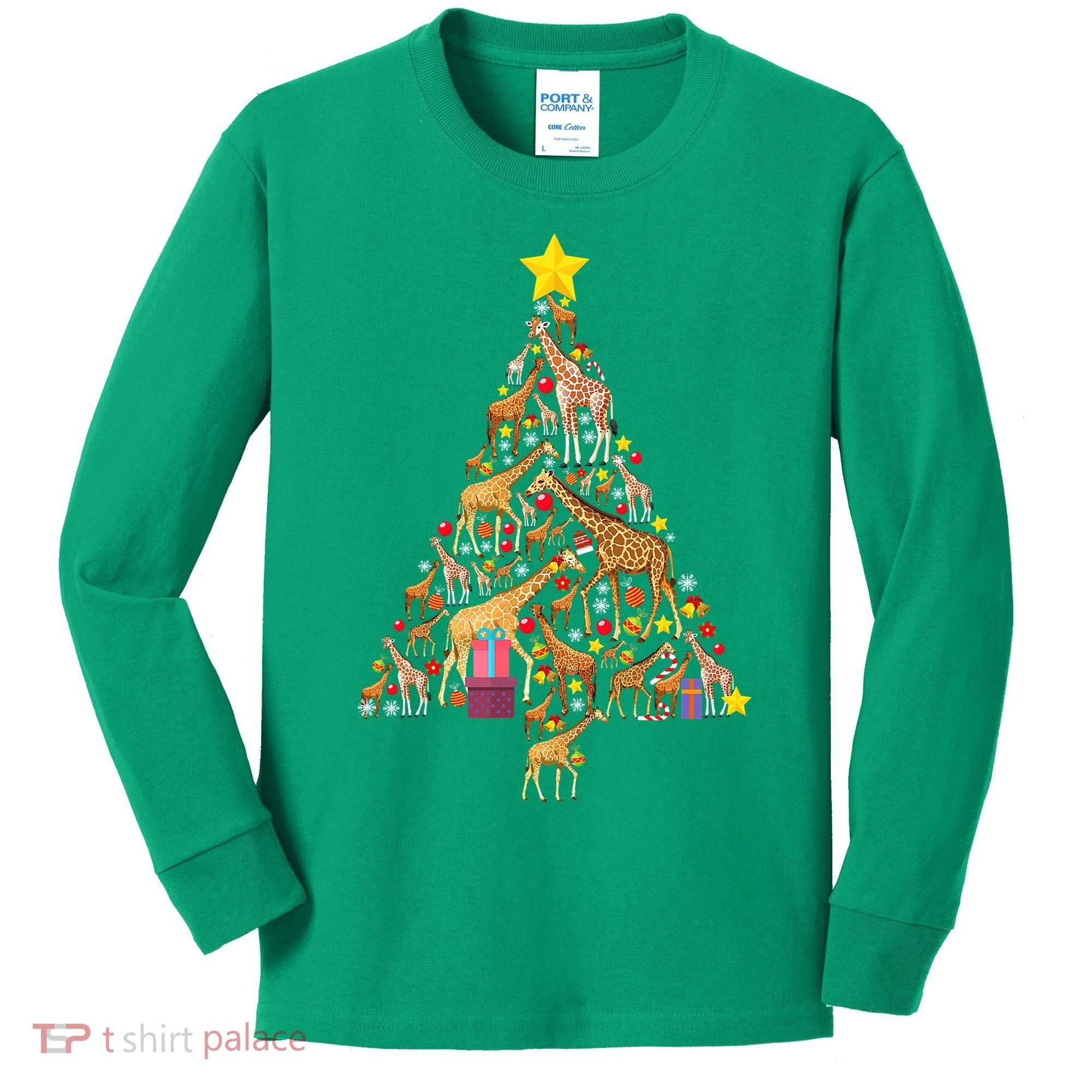 Funny Giraffe Christmas Tree Zookeeper Xmas Kids Long Sleeve Shirt