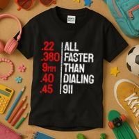 Funny Gun Caliber All Faster Than Dialing 911 Guns Kids T-Shirt thumb 3