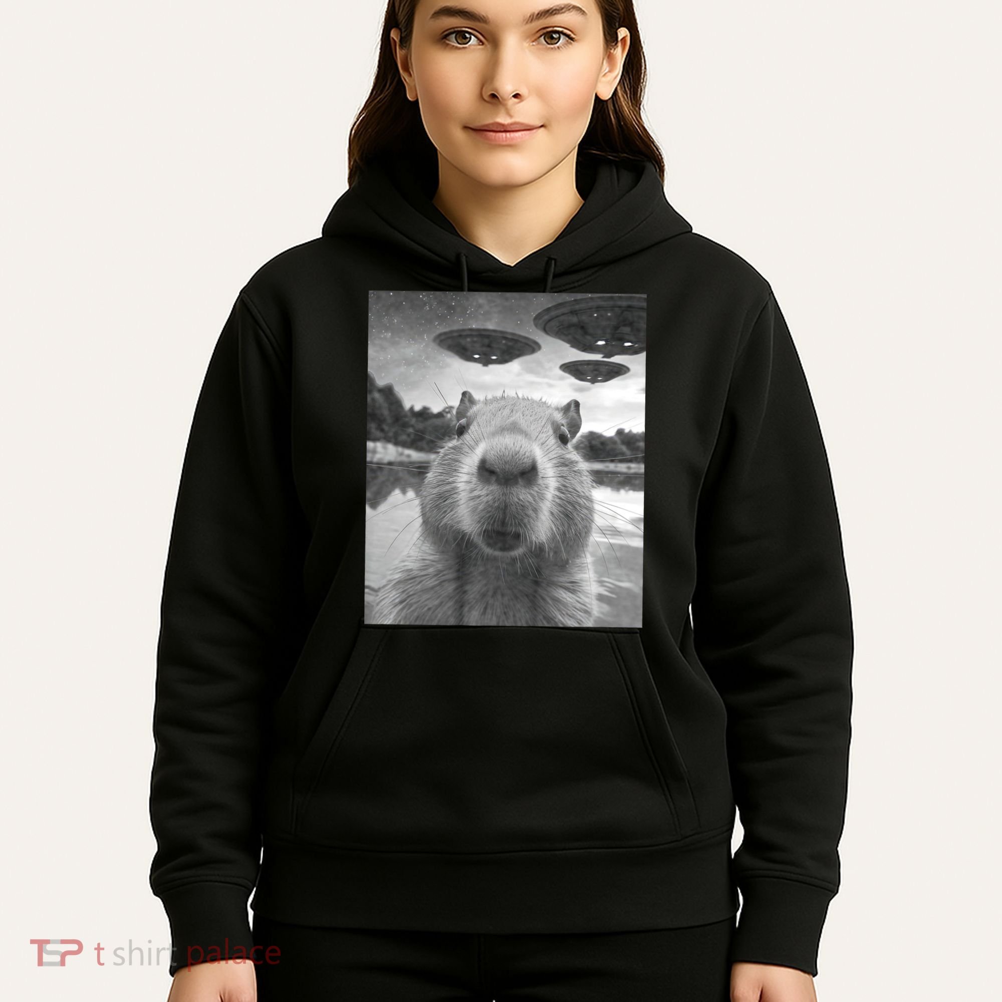 Funny Graphic Capybara Selfie With Ufos Weird Hoodie