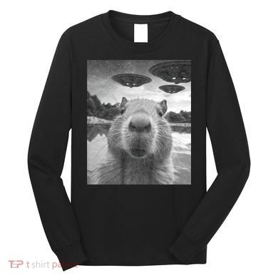 Funny Graphic Capybara Selfie With Ufos Weird Long Sleeve Shirt