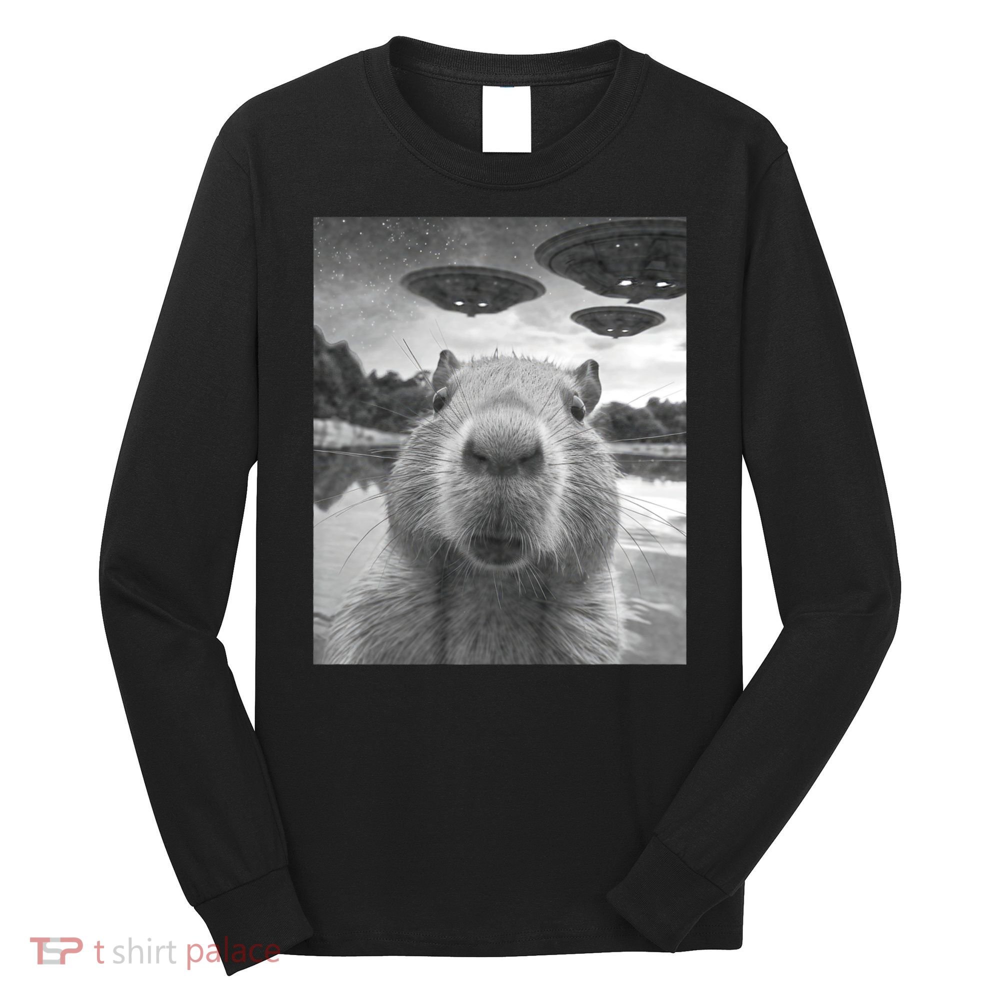 Funny Graphic Capybara Selfie With Ufos Weird Long Sleeve Shirt