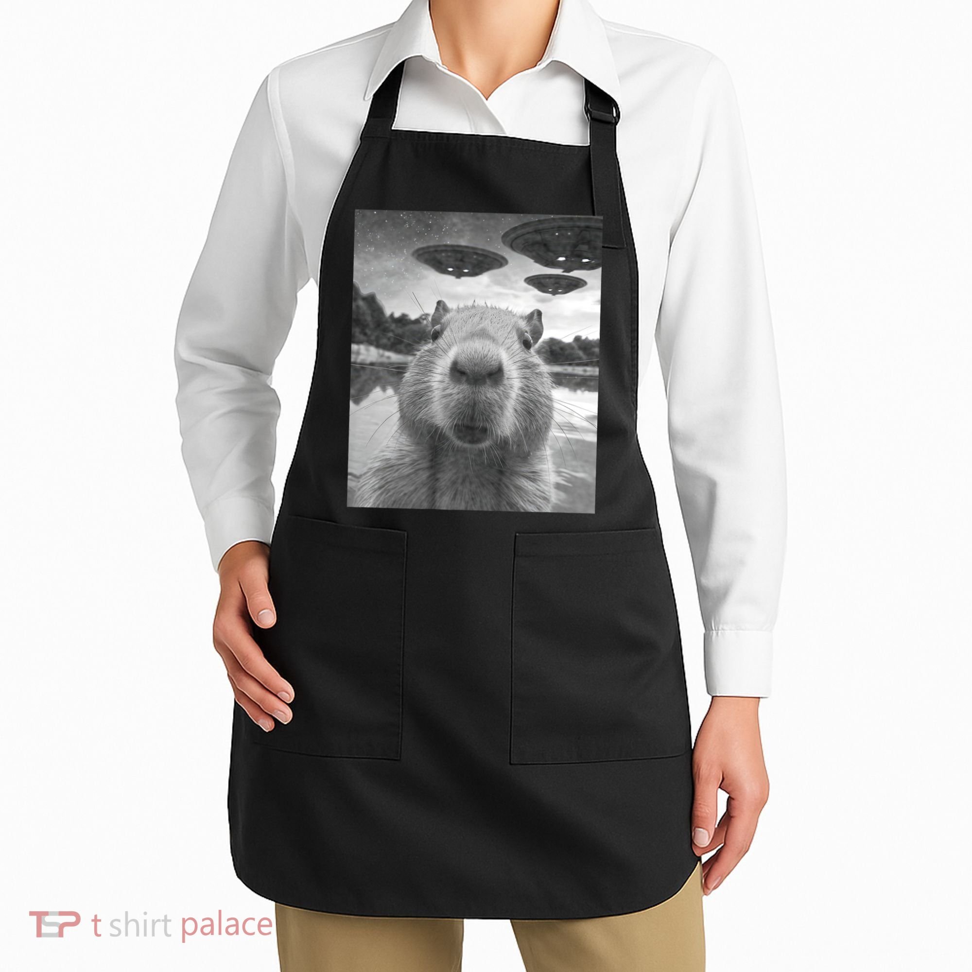 Funny Graphic Capybara Selfie With Ufos Weird Apron