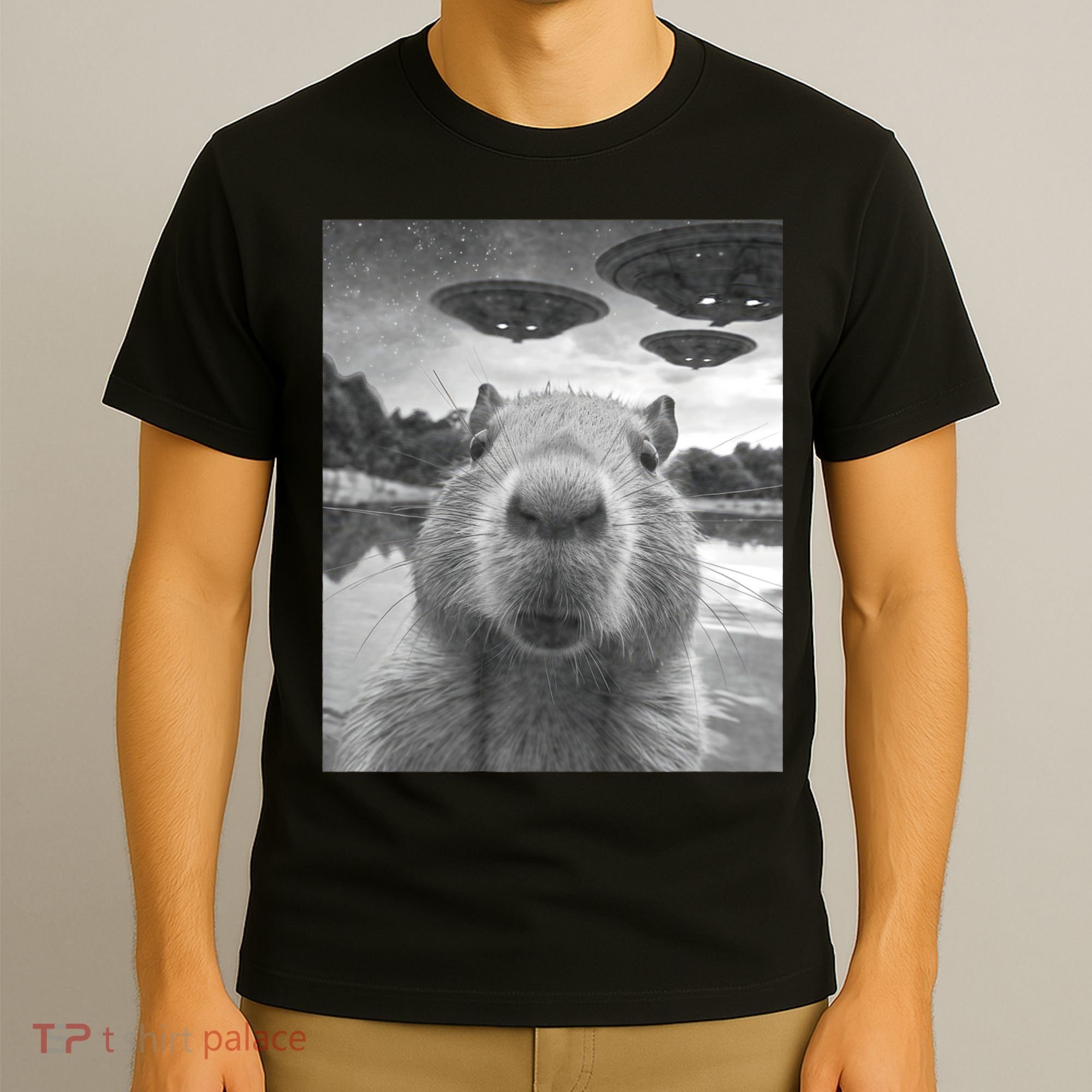 Funny Graphic Capybara Selfie With Ufos Weird T-Shirt
