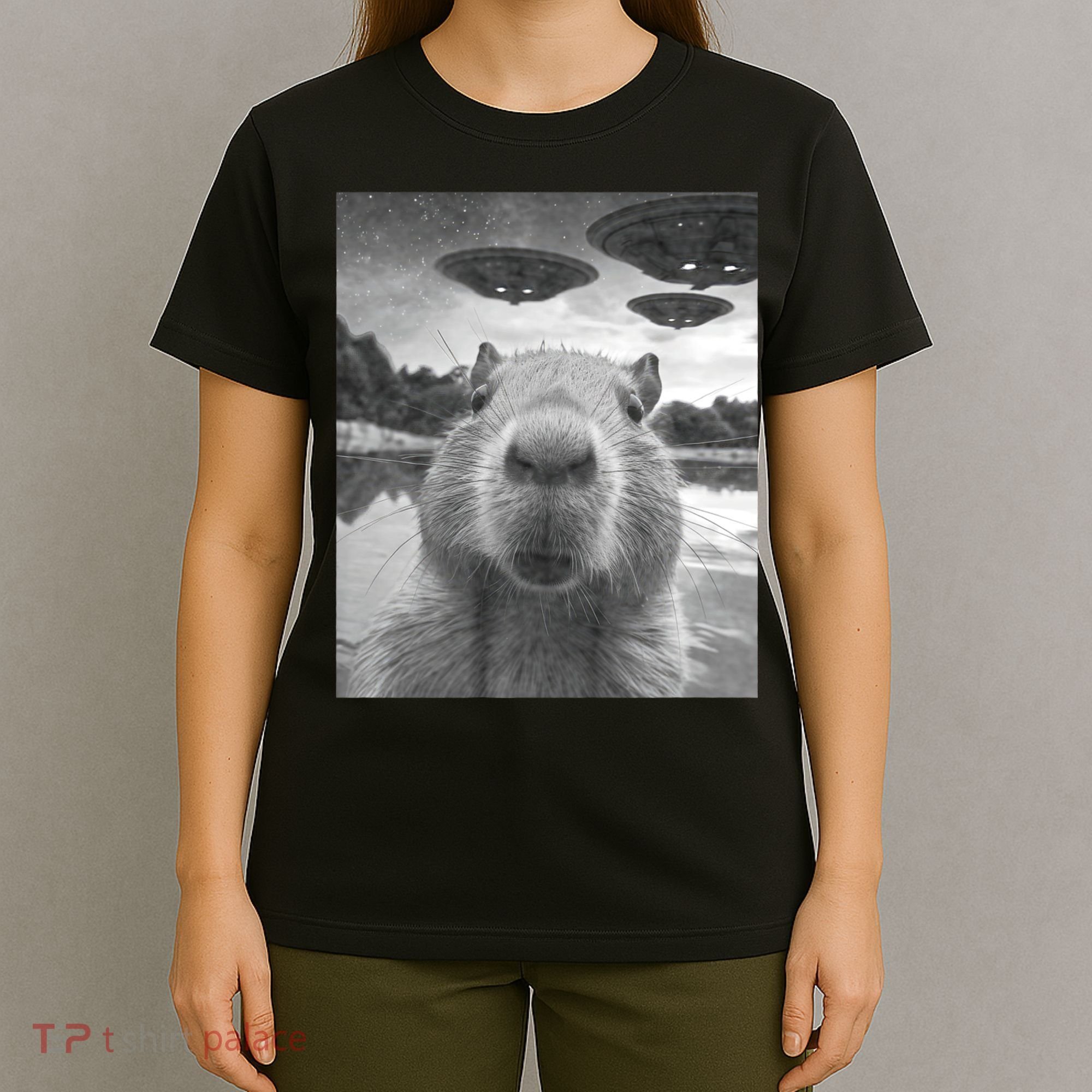 Funny Graphic Capybara Selfie With Ufos Weird T-Shirt