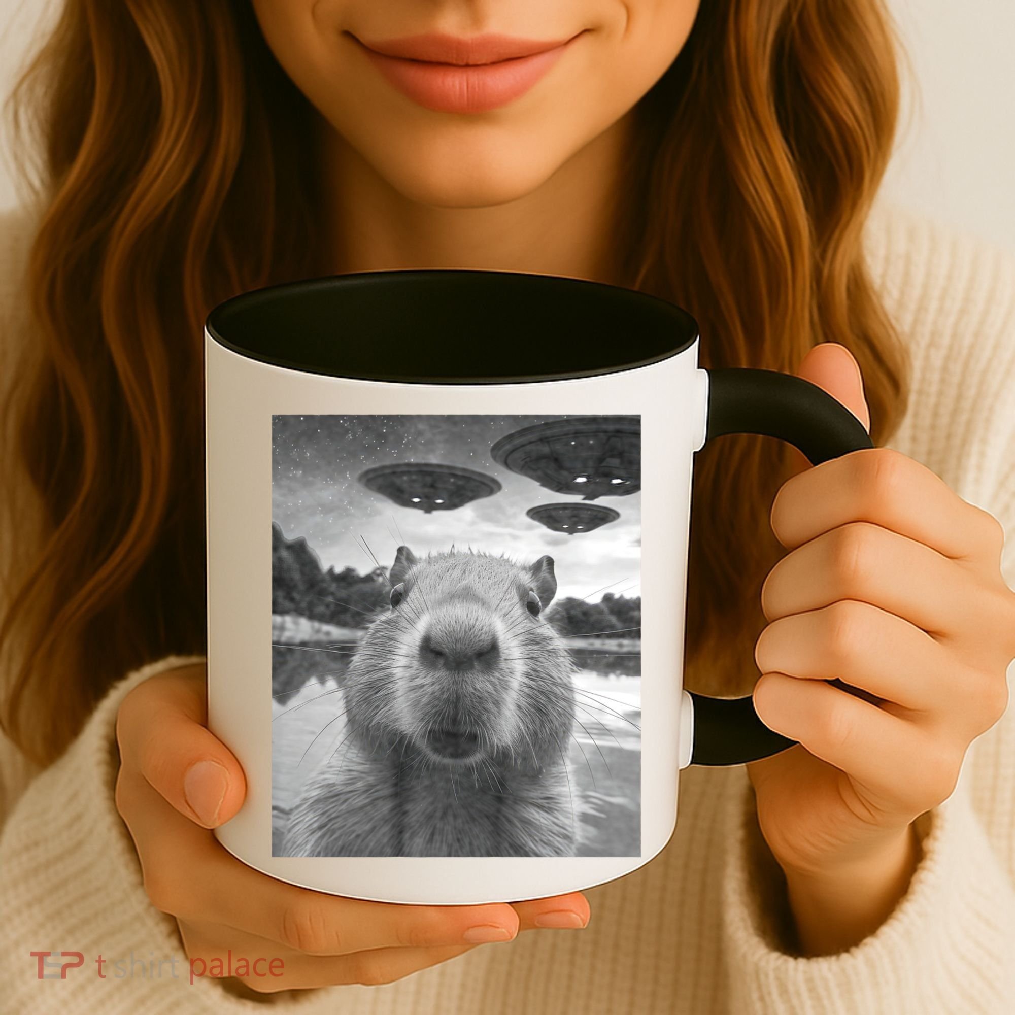 Funny Graphic Capybara Selfie With Ufos Weird Coffee Mug