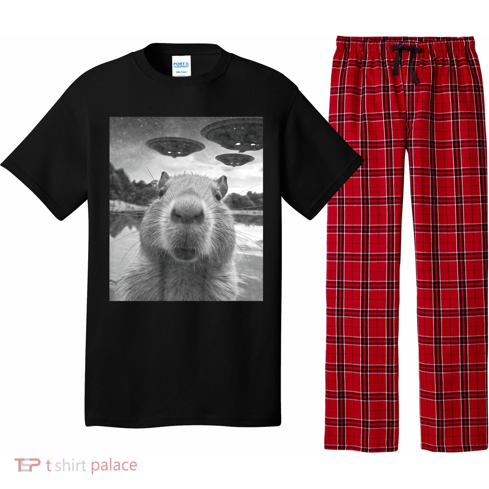 Funny Graphic Capybara Selfie With Ufos Weird Pajama Set