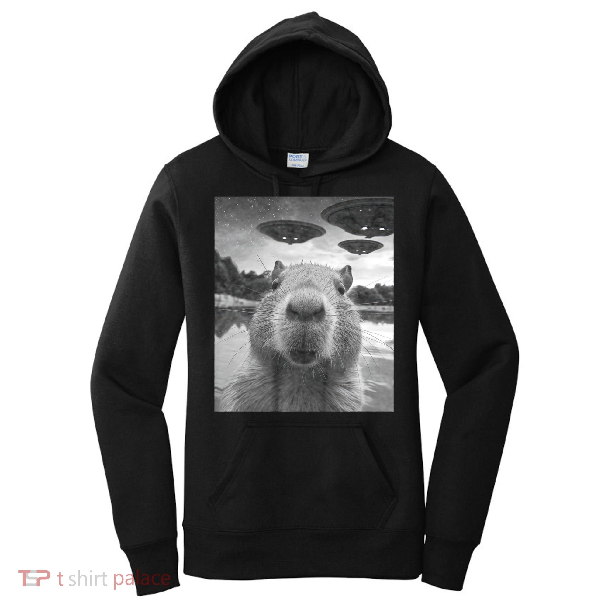 Funny Graphic Capybara Selfie With Ufos Weird Women's Hoodie