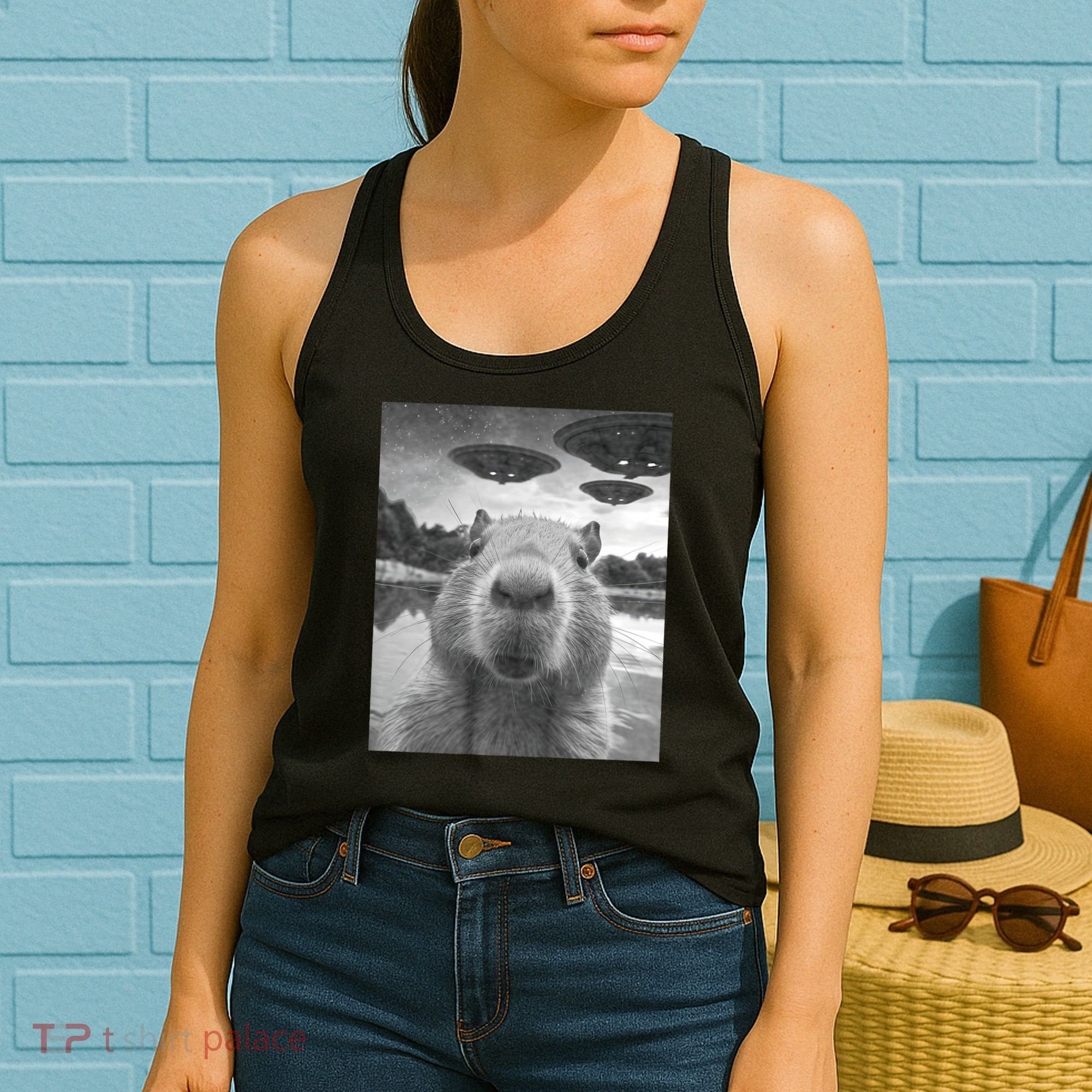 Funny Graphic Capybara Selfie With Ufos Weird Women's Tank Top