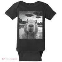 Funny Graphic Capybara Selfie With Ufos Weird Baby Bodysuit thumb 0