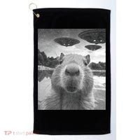 Funny Graphic Capybara Selfie With Ufos Weird Golf Towel thumb 0