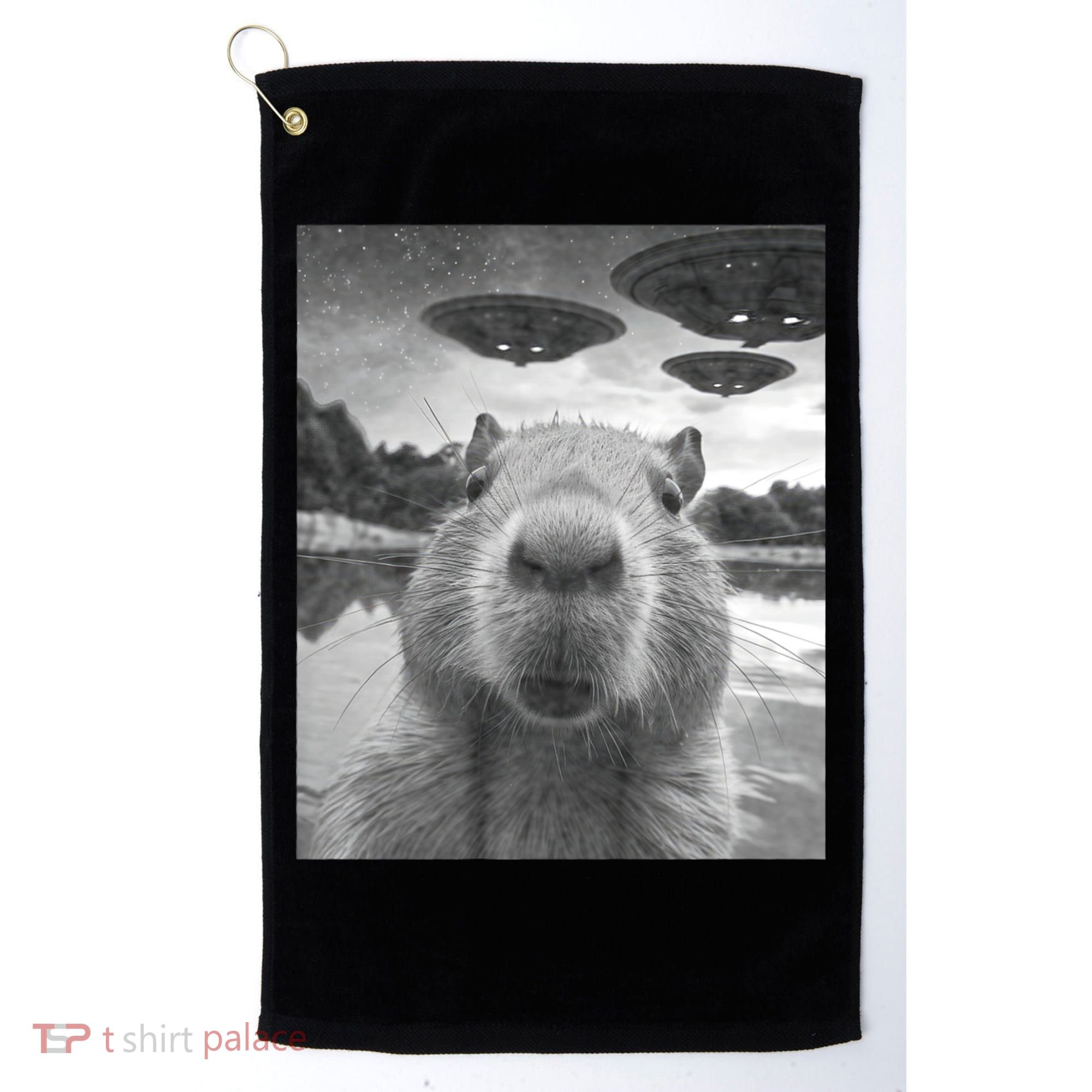 Funny Graphic Capybara Selfie With Ufos Weird Golf Towel