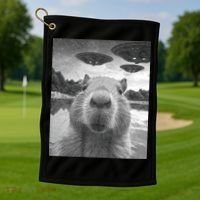 Funny Graphic Capybara Selfie With Ufos Weird Golf Towel thumb 1