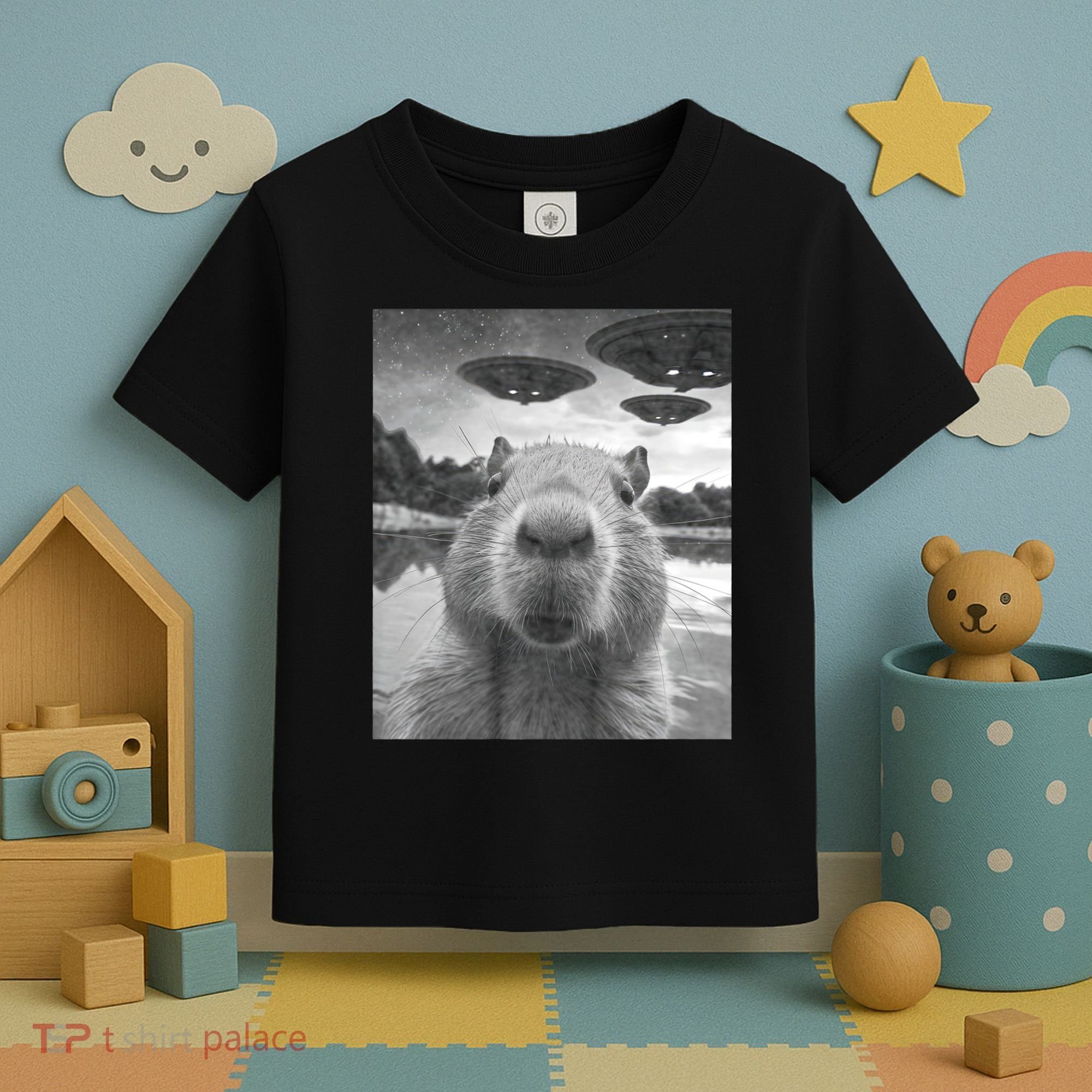 Funny Graphic Capybara Selfie With Ufos Weird Toddler T-Shirt