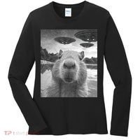 Funny Graphic Capybara Selfie With Ufos Weird Women's Long Sleeve Shirt thumb 0