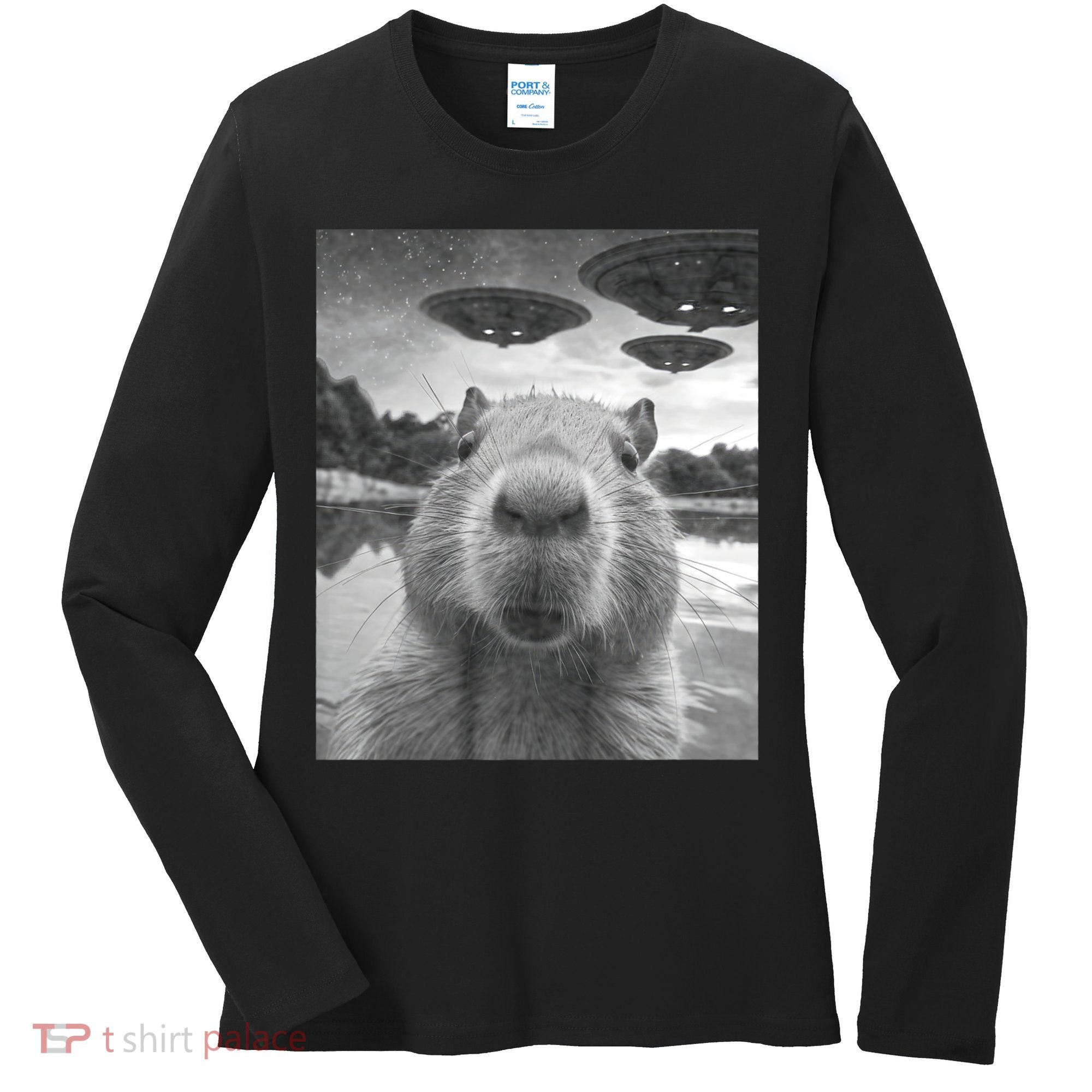 Funny Graphic Capybara Selfie With Ufos Weird Women's Long Sleeve Shirt