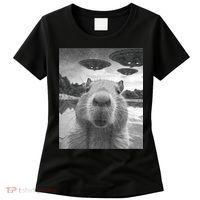Funny Graphic Capybara Selfie With Ufos Weird Women's T-Shirt thumb 0