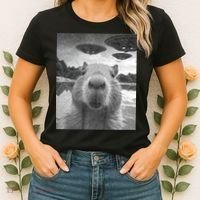 Funny Graphic Capybara Selfie With Ufos Weird Women's T-Shirt thumb 2