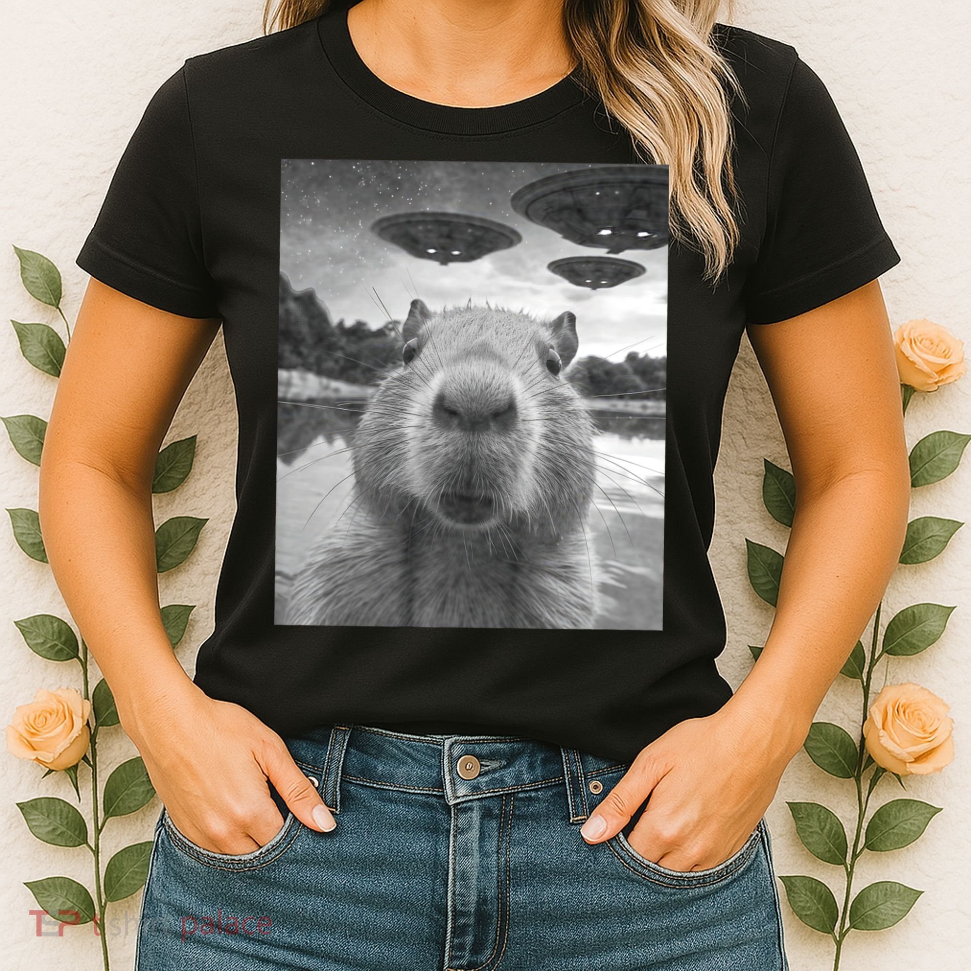 Funny Graphic Capybara Selfie With Ufos Weird Women's T-Shirt